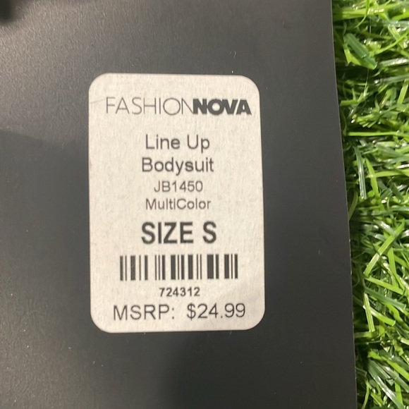 Ladies sheer mock neck bodysuit/leotard with multi colored metallic stripes. - Picture 7 of 7